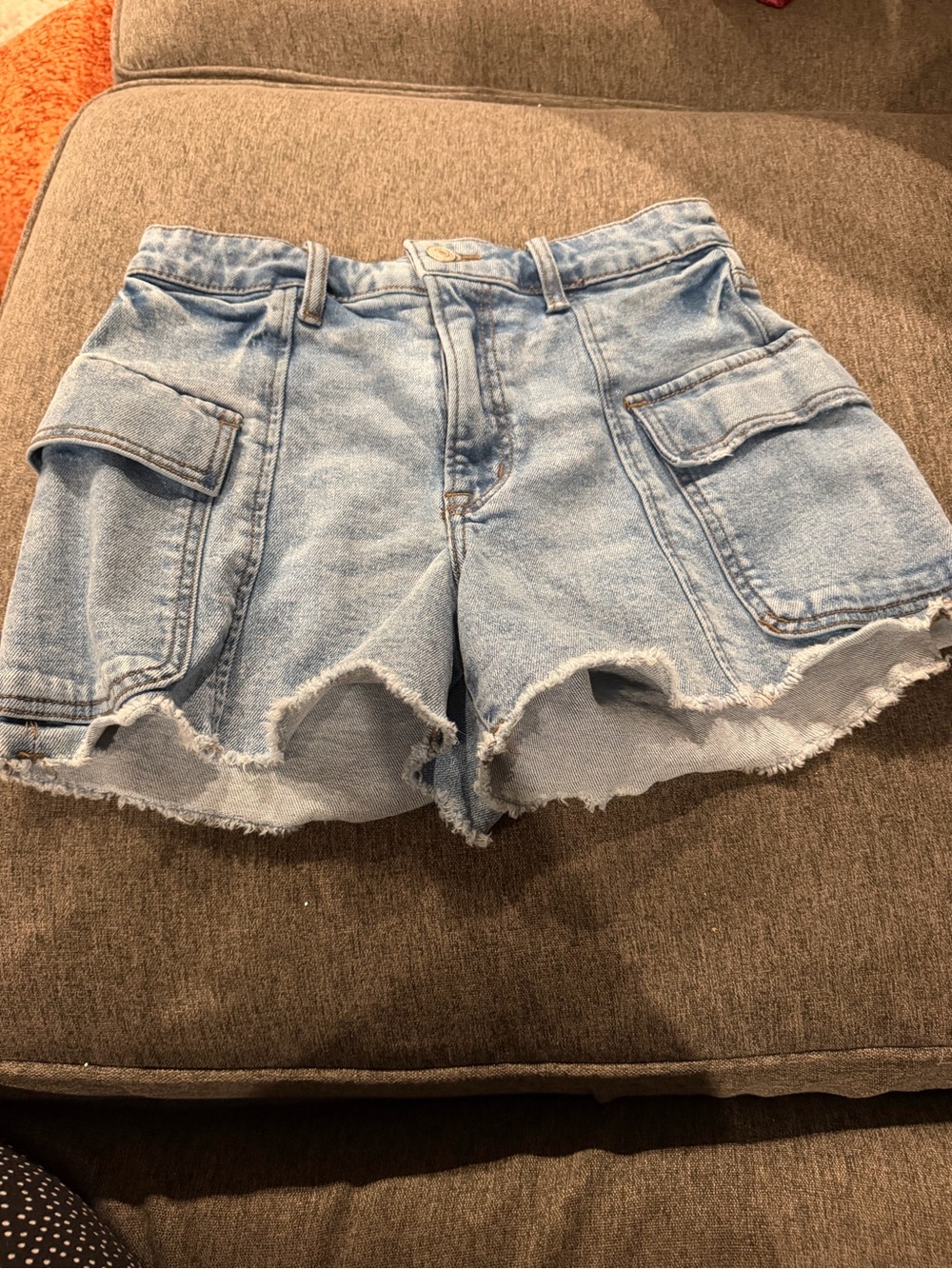 Women's Light Blue Denim Cargo Shorts with Frayed Hem